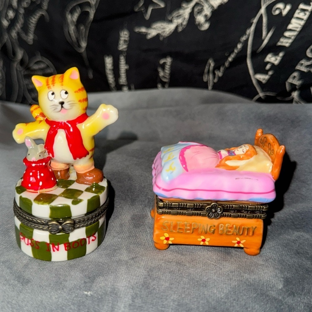 Cat and Sleeping Beauty Trinket Boxes Set of 2